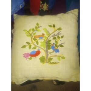 Finished Crewel Embroidery Birds In A Tree Pillow 16x15 Vintage Case Korea